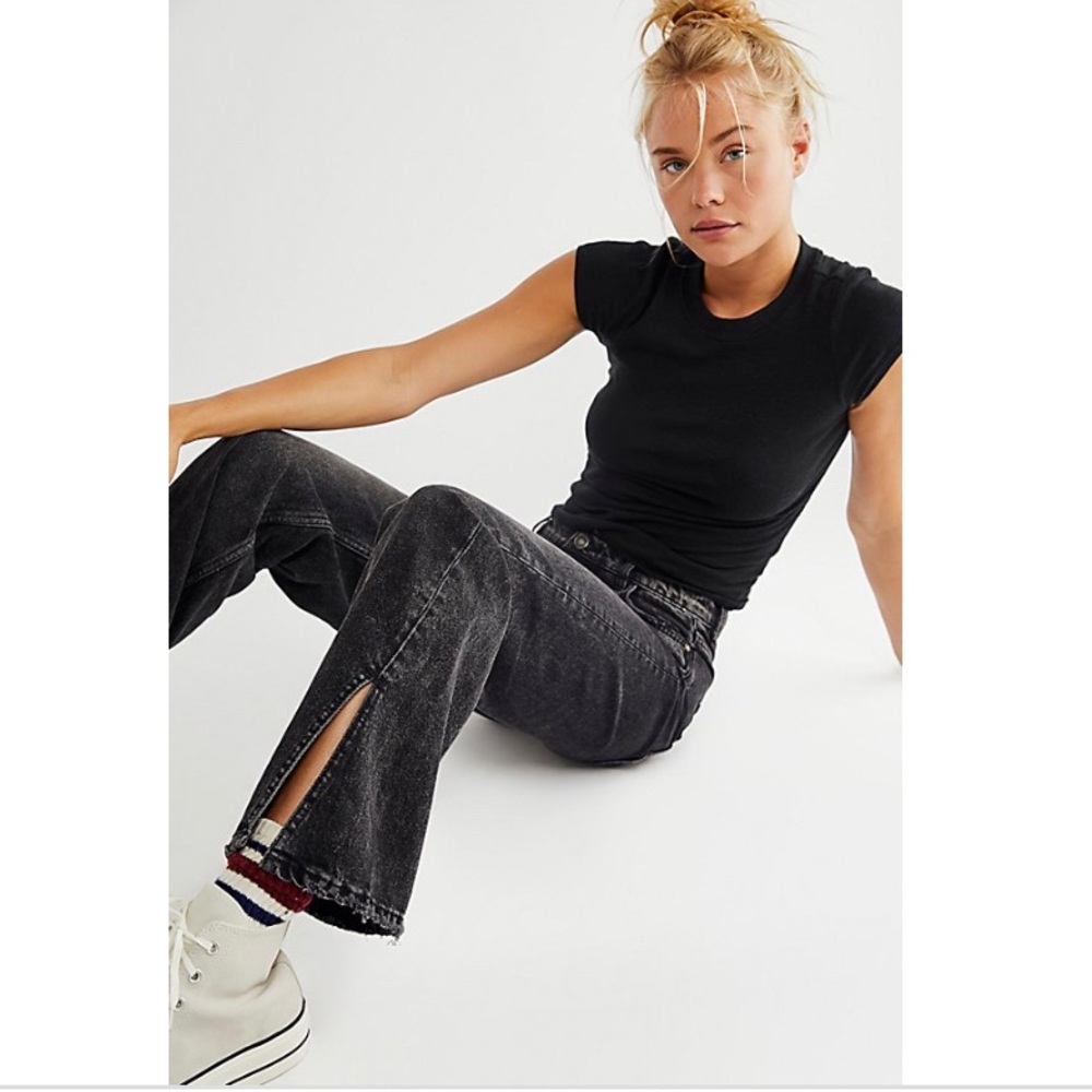 Free People Long Lines Slit Front High Rise Straight Leg Jeans in Black.